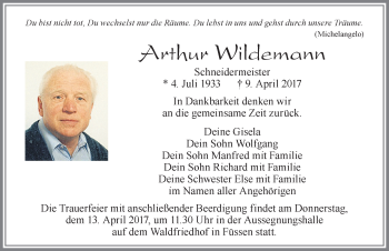 Traueranzeige von Arthur Wildemann von Allgäuer Zeitung, Füssen