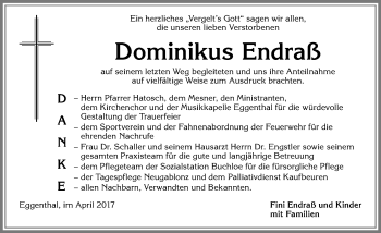 Traueranzeige von Dominikus Endraß von Allgäuer Zeitung, Kaufbeuren/Buchloe