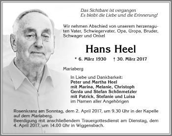 Traueranzeige von Hans Heel von Allgäuer Zeitung,Kempten