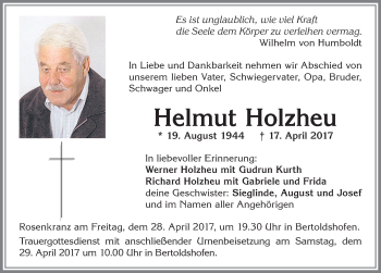 Traueranzeige von Helmut Holzheu von Allgäuer Zeitung, Marktoberdorf
