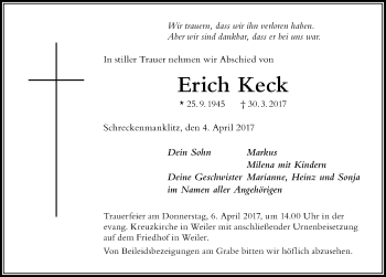 Traueranzeige von Erich Keck von Der Westallgäuer
