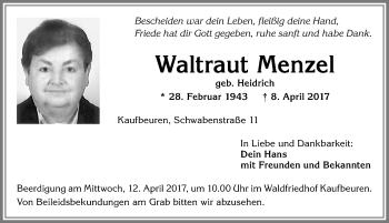 Traueranzeige von Waltraut Menzel von Allgäuer Zeitung, Kaufbeuren/Buchloe