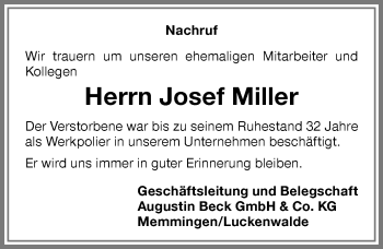 Traueranzeige von Josef Miller von Memminger Zeitung