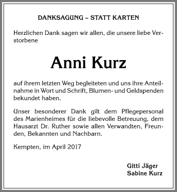 Traueranzeige von Anni Kurz von Allgäuer Zeitung,Kempten