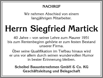 Traueranzeige von Siegfried Martick von Allgäuer Zeitung, Füssen