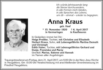 Traueranzeige von Anna Kraus von Allgäuer Zeitung, Kaufbeuren/Buchloe