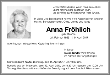 Traueranzeige von Anna Fröhlich von Memminger Zeitung