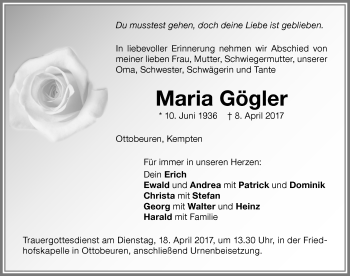 Traueranzeige von Maria Gögler von Memminger Zeitung