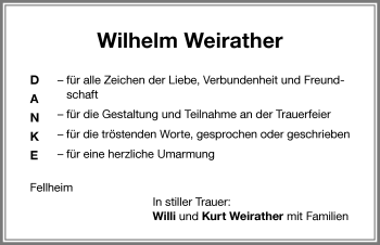 Traueranzeige von Wilhelm Weirather von Memminger Zeitung