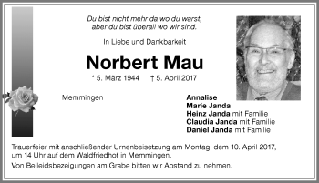 Traueranzeige von Norbert Mau von Memminger Zeitung