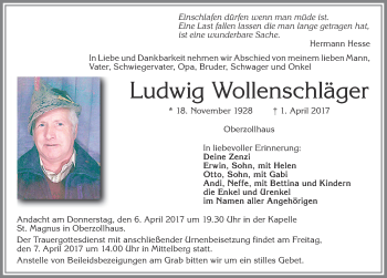 Traueranzeige von Ludwig Wollenschläger von Allgäuer Zeitung,Kempten
