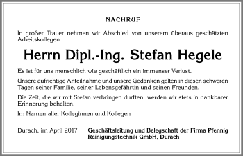 Traueranzeige von Stefan Hegele von Allgäuer Zeitung,Kempten
