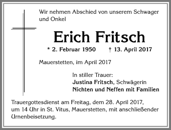 Traueranzeige von Erich Fritsch von Allgäuer Zeitung, Kaufbeuren/Buchloe