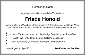 Traueranzeige von Frieda Honold von Memminger Zeitung