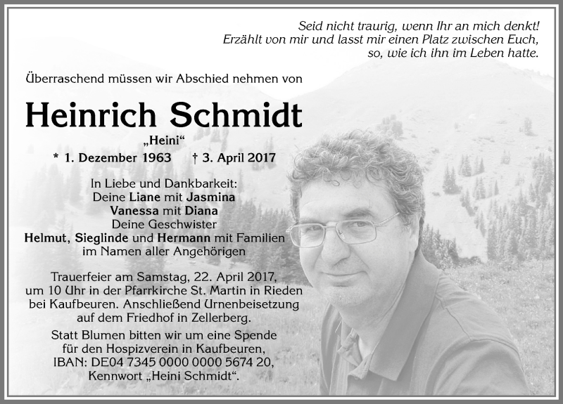  Traueranzeige für Heinrich Schmidt vom 18.04.2017 aus Allgäuer Zeitung, Kaufbeuren/Buchloe