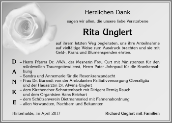 Traueranzeige von Rita Unglert von Allgäuer Zeitung,Kempten