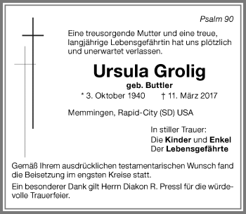 Traueranzeige von Ursula Grolig von Memminger Zeitung