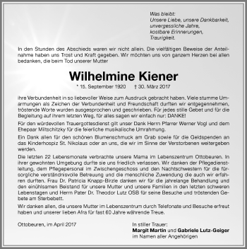 Traueranzeige von Wilhelmine Kiener von Memminger Zeitung