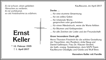 Traueranzeige von Ernst Keller von Allgäuer Zeitung, Kaufbeuren/Buchloe