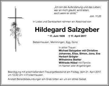 Traueranzeige von Hildegard Salzgeber von Memminger Zeitung