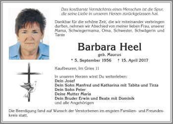 Traueranzeige von Barbara Heel von Allgäuer Zeitung, Kaufbeuren/Buchloe