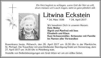 Traueranzeige von Litwina Eckstein von Allgäuer Zeitung,Kempten