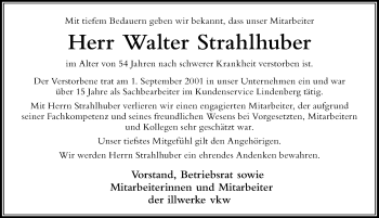 Traueranzeige von Walter Strahlhuber von Der Westallgäuer
