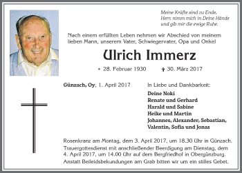 Traueranzeige von Ulrich Immerz von Allgäuer Zeitung, Marktoberdorf