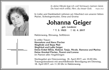 Traueranzeigen von Johanna Geiger | Allgäuer Zeitung
