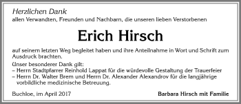 Traueranzeige von Erich Hirsch von Allgäuer Zeitung, Kaufbeuren/Buchloe