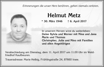 Traueranzeige von Helmut Metz von Allgäuer Zeitung, Kaufbeuren/Buchloe