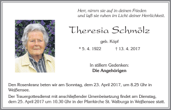 Traueranzeige von Theresia Schmölz von Allgäuer Zeitung, Füssen