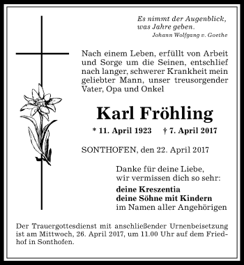 Traueranzeige von Karl Fröhling von Allgäuer Anzeigeblatt