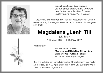 Traueranzeige von Magdalena Till von Memminger Zeitung