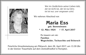 Traueranzeige von Maria Ess von Allgäuer Zeitung,Kempten