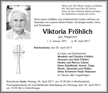 Traueranzeige von Viktoria Fröhlich von Allgäuer Zeitung, Marktoberdorf