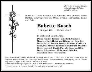 Traueranzeige von Babette Rasch von Allgäuer Anzeigeblatt