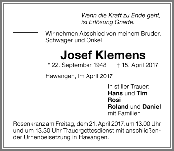 Traueranzeige von Josef Klemens von Memminger Zeitung
