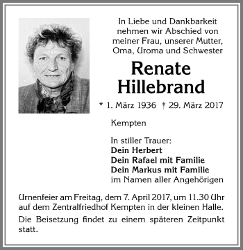 Traueranzeige von Renate Hillebrand von Allgäuer Zeitung,Kempten
