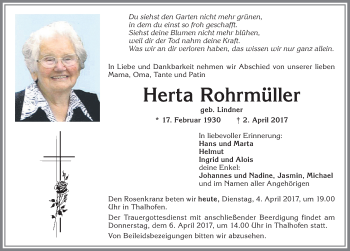 Traueranzeige von Herta Rohrmüller von Allgäuer Zeitung, Marktoberdorf