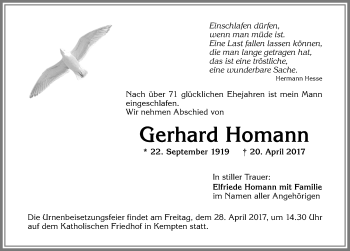 Traueranzeige von Gerhard Homann von Allgäuer Zeitung,Kempten