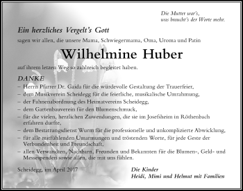 Traueranzeige von Wilhelmine Huber von Der Westallgäuer