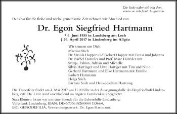Traueranzeige von Egon Siegfried Hartmann von Der Westallgäuer