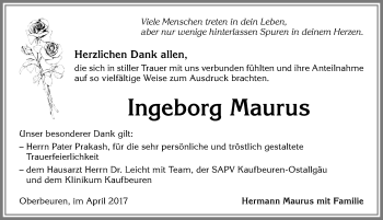 Traueranzeige von Ingeborg Maurus von Allgäuer Zeitung, Kaufbeuren/Buchloe