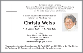 Traueranzeige von Christa Weiss von Allgäuer Zeitung, Füssen