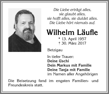 Traueranzeige von Wilhelm Läufle von Allgäuer Zeitung,Kempten