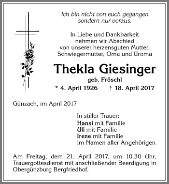 Traueranzeige von Thekla Giesinger von Allgäuer Zeitung, Marktoberdorf