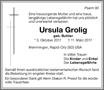 Traueranzeige von Ursula Grolig von Memminger Zeitung