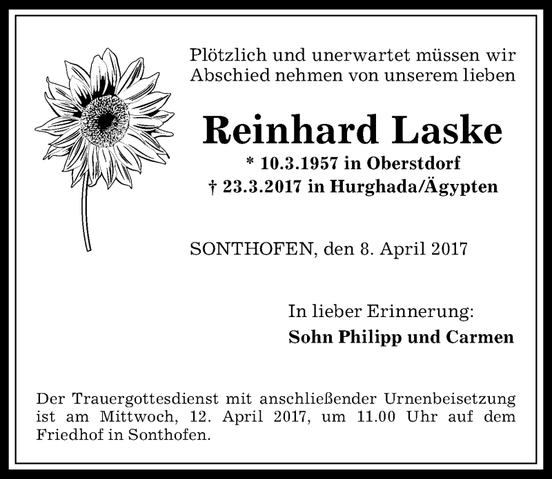  Traueranzeige für Reinhard Laske vom 08.04.2017 aus Allgäuer Anzeigeblatt