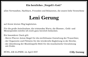 Traueranzeige von Leni Gerung von Allgäuer Anzeigeblatt
